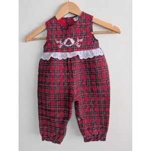 Vintage Baby Girl Red Plaid Quilted Jumpsuit Sz 18M Heirloom Holiday Cottagecore